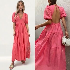 Seven Wonders Asha coral maxi dress size XS tie back cottagecore puff sleeve